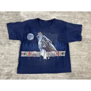 Image Wear Graphic T-Shirt Unisex L Navy Blue Howling Wolf Moon Vintage 90s